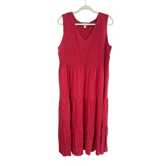 J. Jill Dresses & Skirts - J. Jill Pink Smocked Tiered Midi Dress Womens XL Sleeveless V-Neck Rayon Stretch